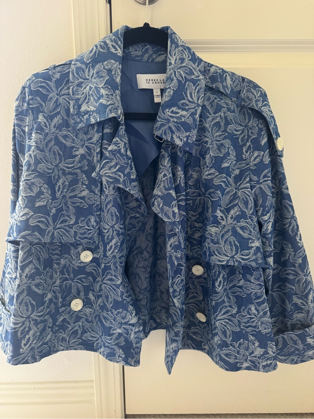 10 Crosby Derek Lam Blue Floral Jacquard Trench Coat